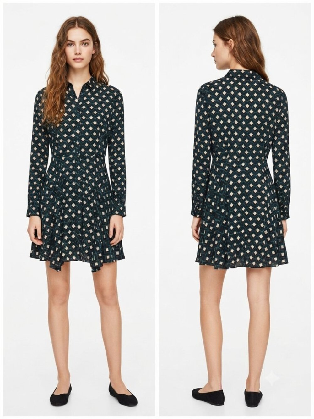 ZARA Woman Geometric Print Button-Down Shirt Dress - Size L